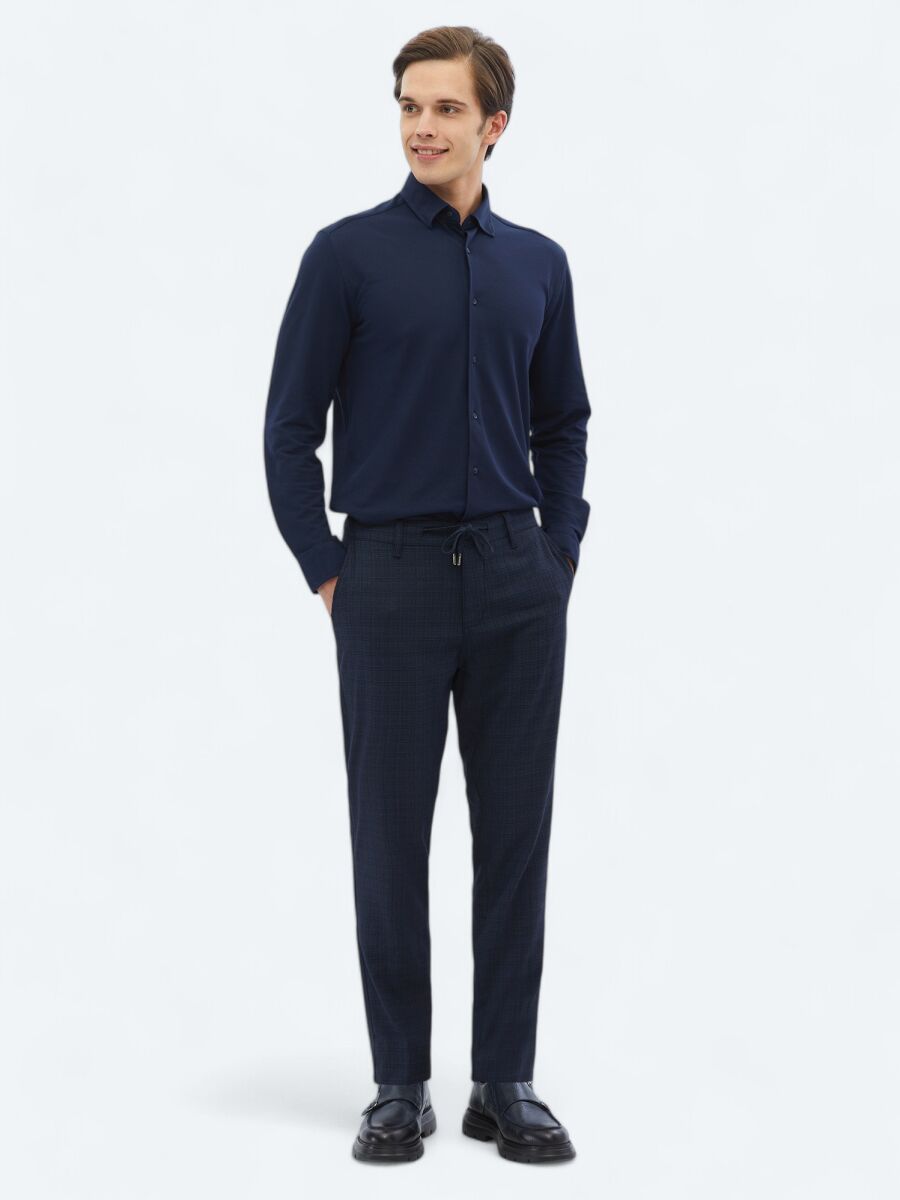 Navy Blue Weaving Jogging Fit Casual Trousers - 1