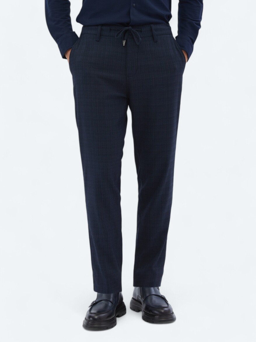 Navy Blue Weaving Jogging Fit Casual Trousers - 2