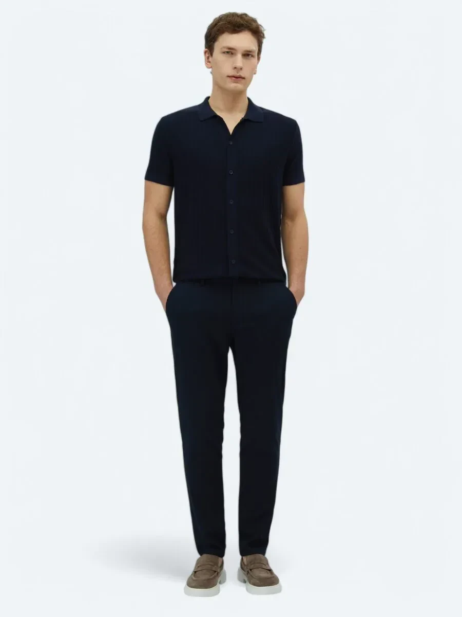 Navy Blue Weaving Jogging Fit Casual Trousers - 1