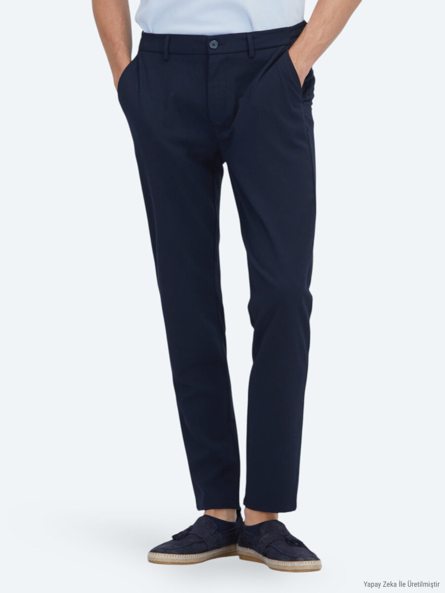 Navy Blue Weaving Jogging Fit Casual Trousers - 2