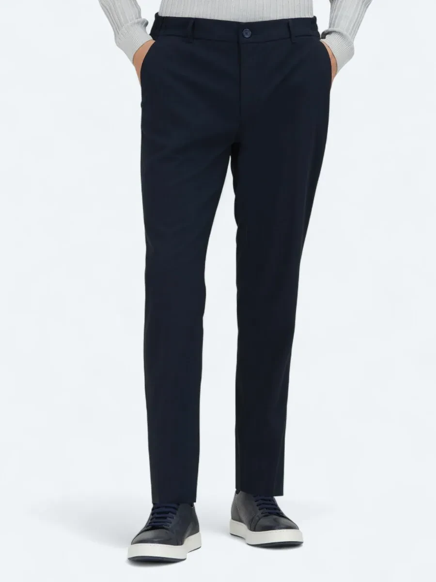 Navy Blue Weaving Jogging Fit Casual Trousers - 2