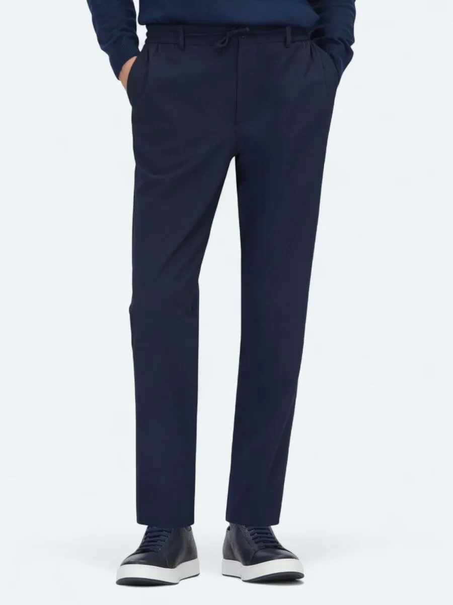 Navy Blue Weaving Jogging Fit Casual Trousers - 2