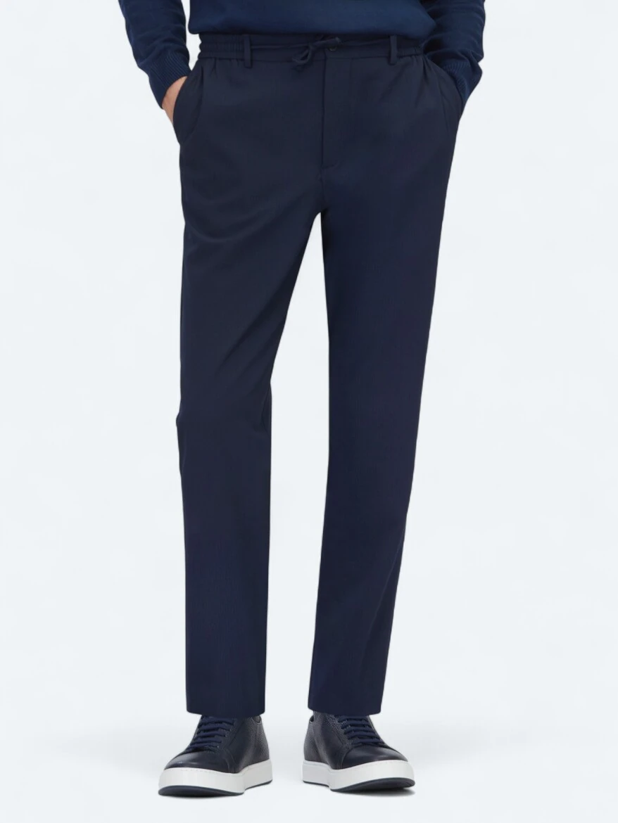 Navy Blue Weaving Jogging Fit Casual Trousers - KİP