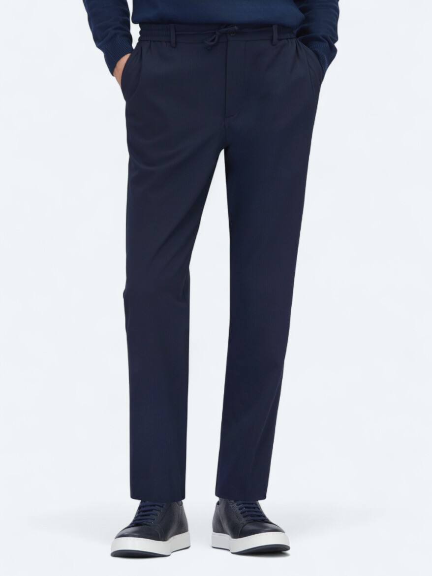 Navy Blue Weaving Jogging Fit Casual Trousers - KİP