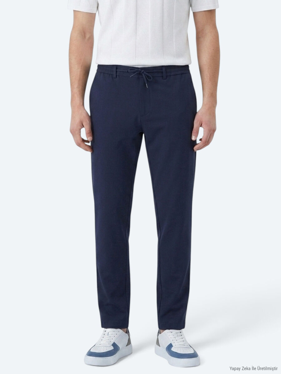 Navy Blue Weaving Jogging Fit Casual Trousers - 2