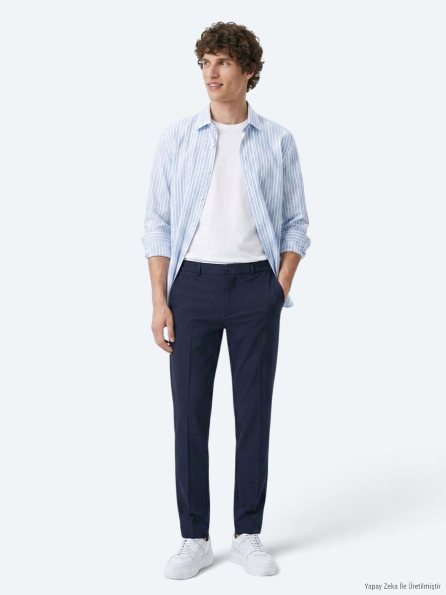Navy Blue Weaving Jogging Fit Casual Trousers - 4