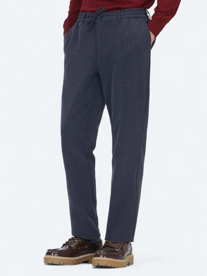 Navy Blue Weaving Jogging Fit Casual Trousers - 3