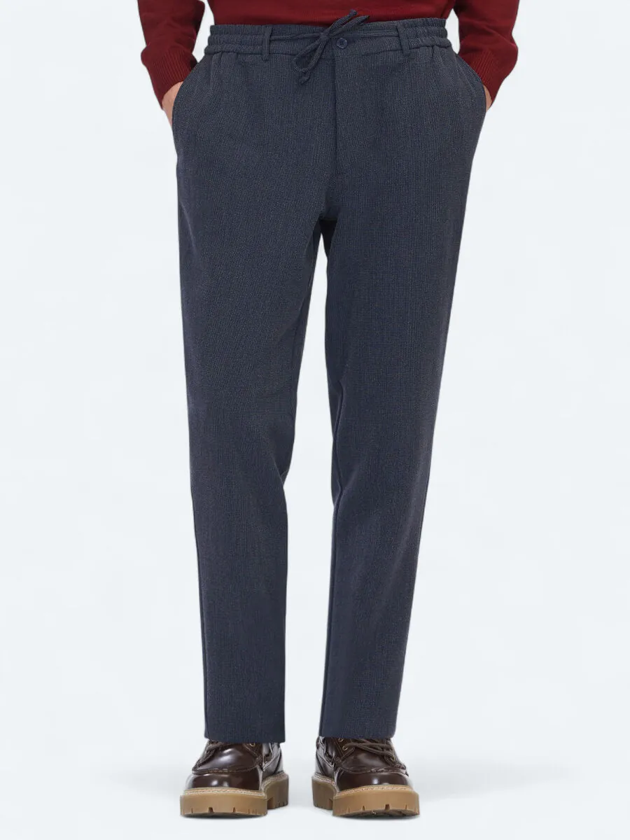 Navy Blue Weaving Jogging Fit Casual Trousers - 2