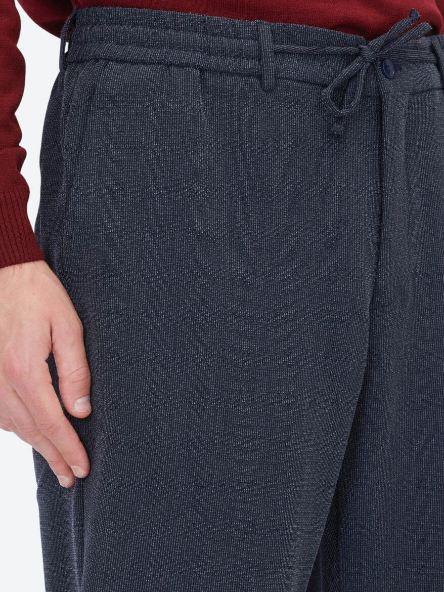 Navy Blue Weaving Jogging Fit Casual Trousers - 4