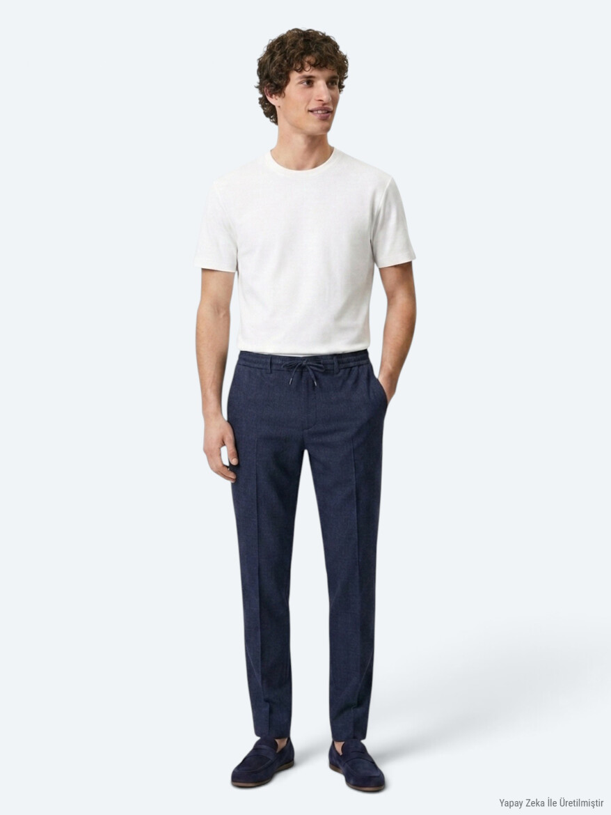 Navy Blue Weaving Jogging Fit Casual Trousers - KİP