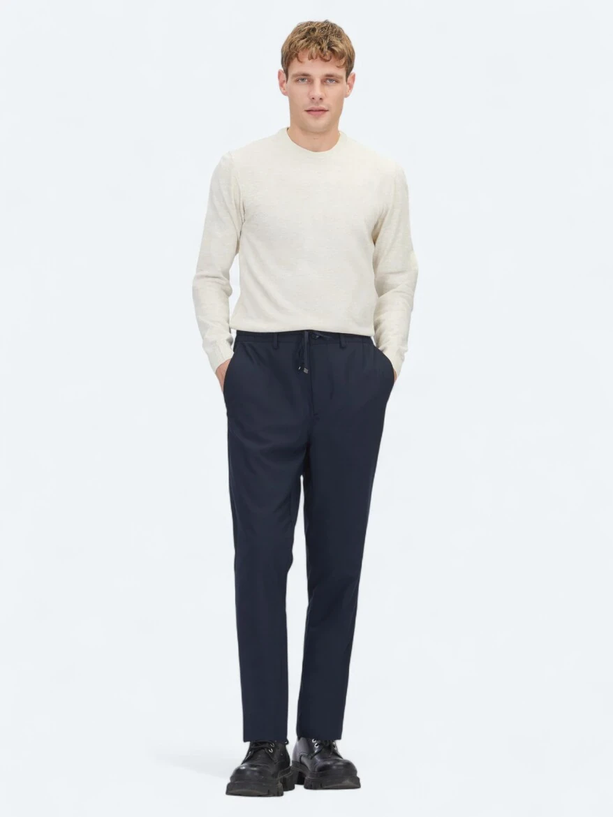 Navy Blue Weaving Jogging Fit Casual Trousers - KİP