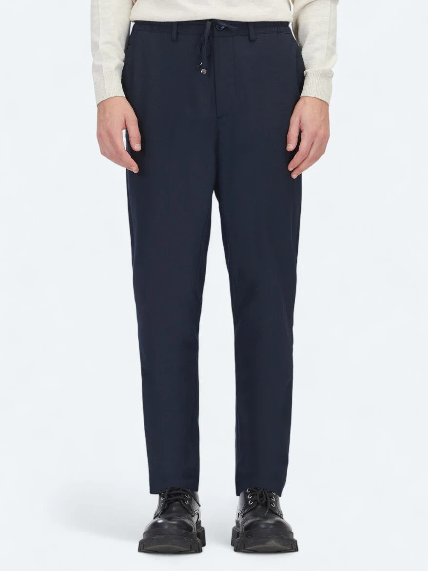 Navy Blue Weaving Jogging Fit Casual Trousers - KİP