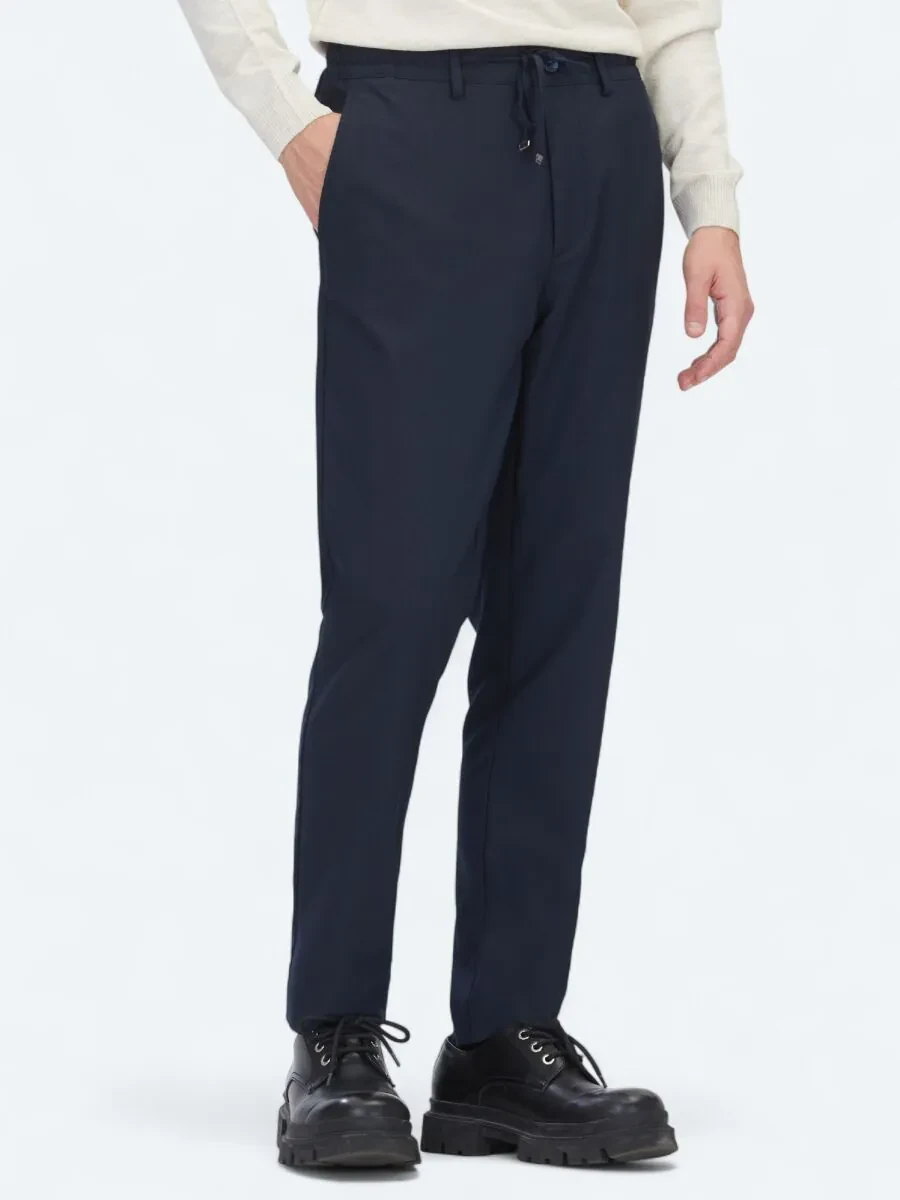 Navy Blue Weaving Jogging Fit Casual Trousers - 3