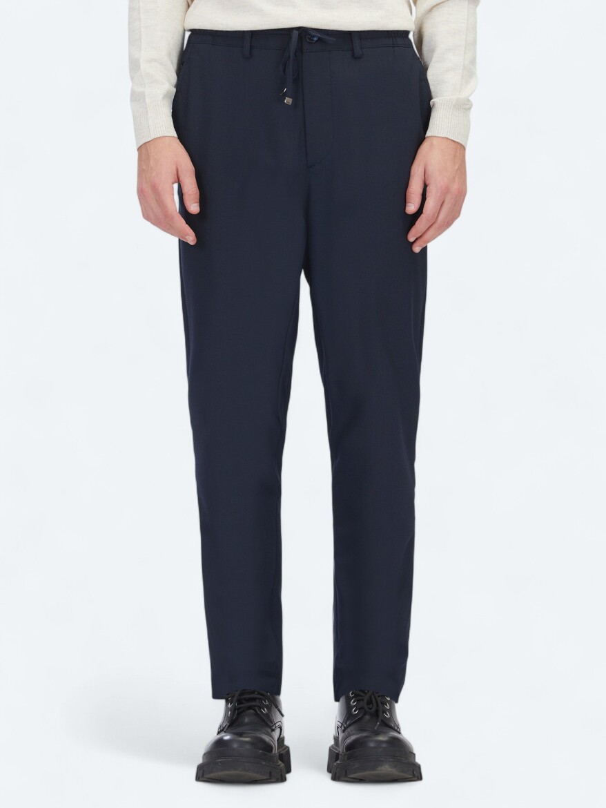 Navy Blue Weaving Jogging Fit Casual Trousers - 2