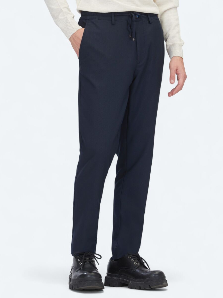 Navy Blue Weaving Jogging Fit Casual Trousers - 3