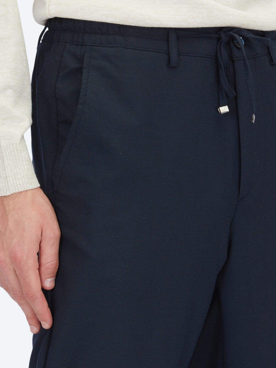 Navy Blue Weaving Jogging Fit Casual Trousers - 4