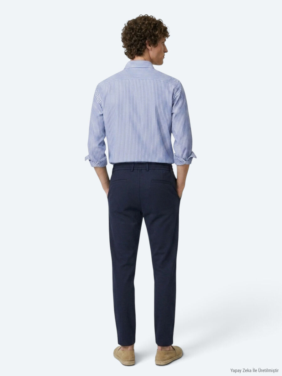 Navy Blue Weaving Jogging Fit Casual Trousers - 5