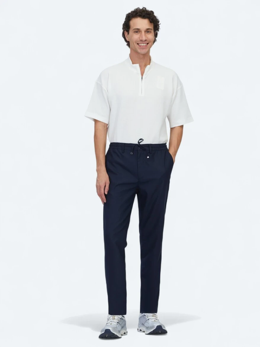 Navy Blue Weaving Jogging Fit Casual Trousers - KİP