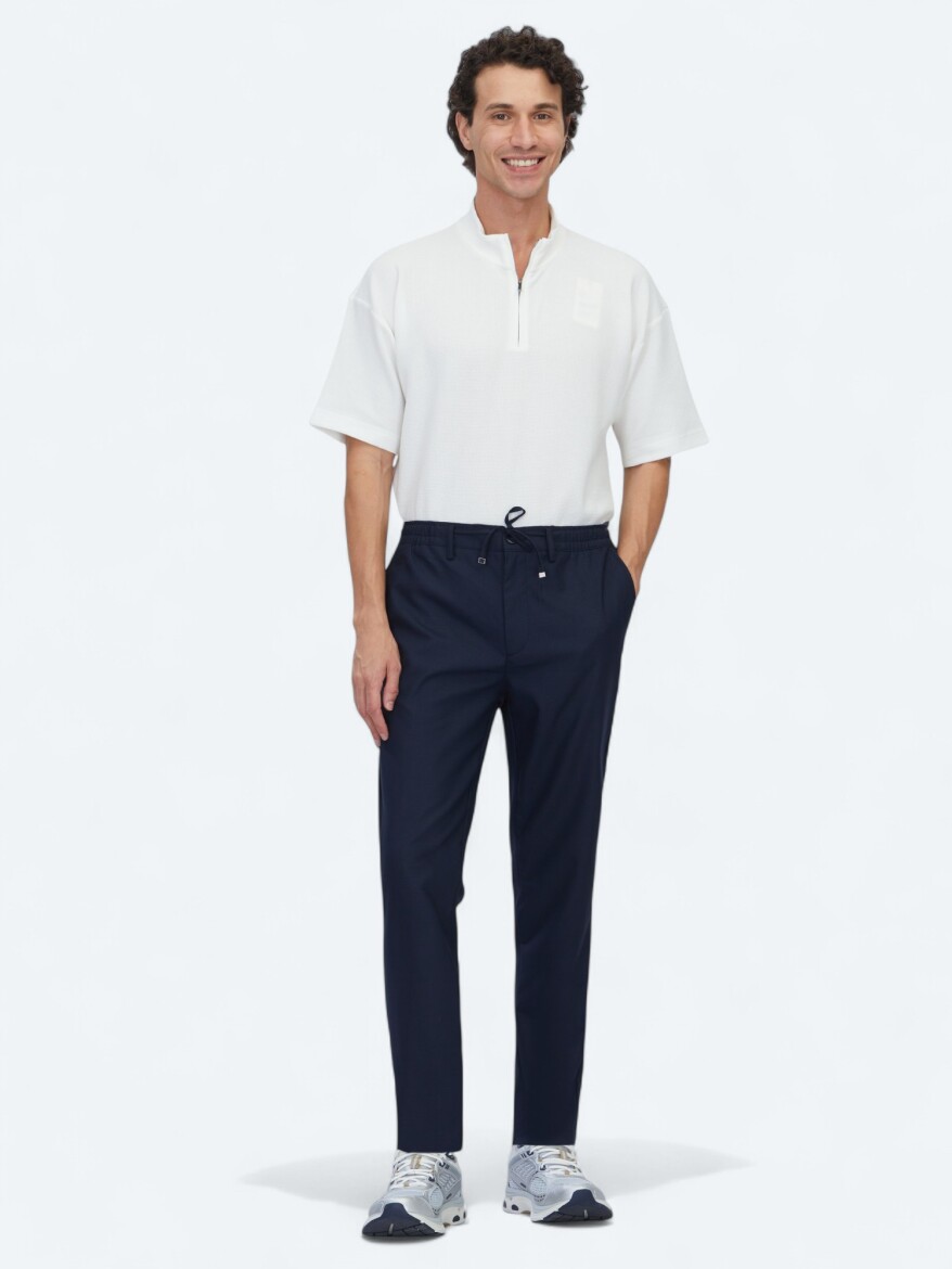 Navy Blue Weaving Jogging Fit Casual Trousers 