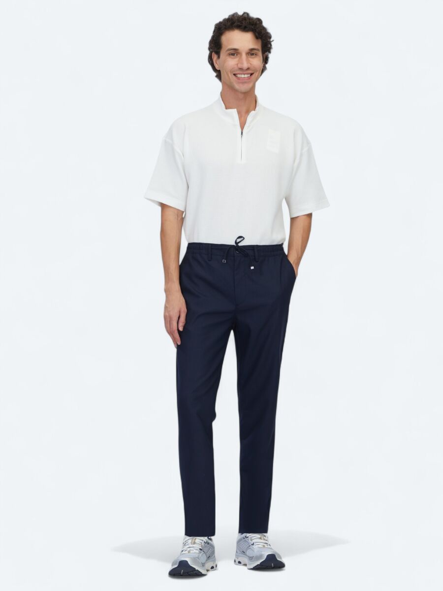 Navy Blue Weaving Jogging Fit Casual Trousers - 1