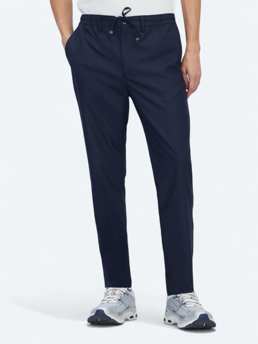Navy Blue Weaving Jogging Fit Casual Trousers - 2