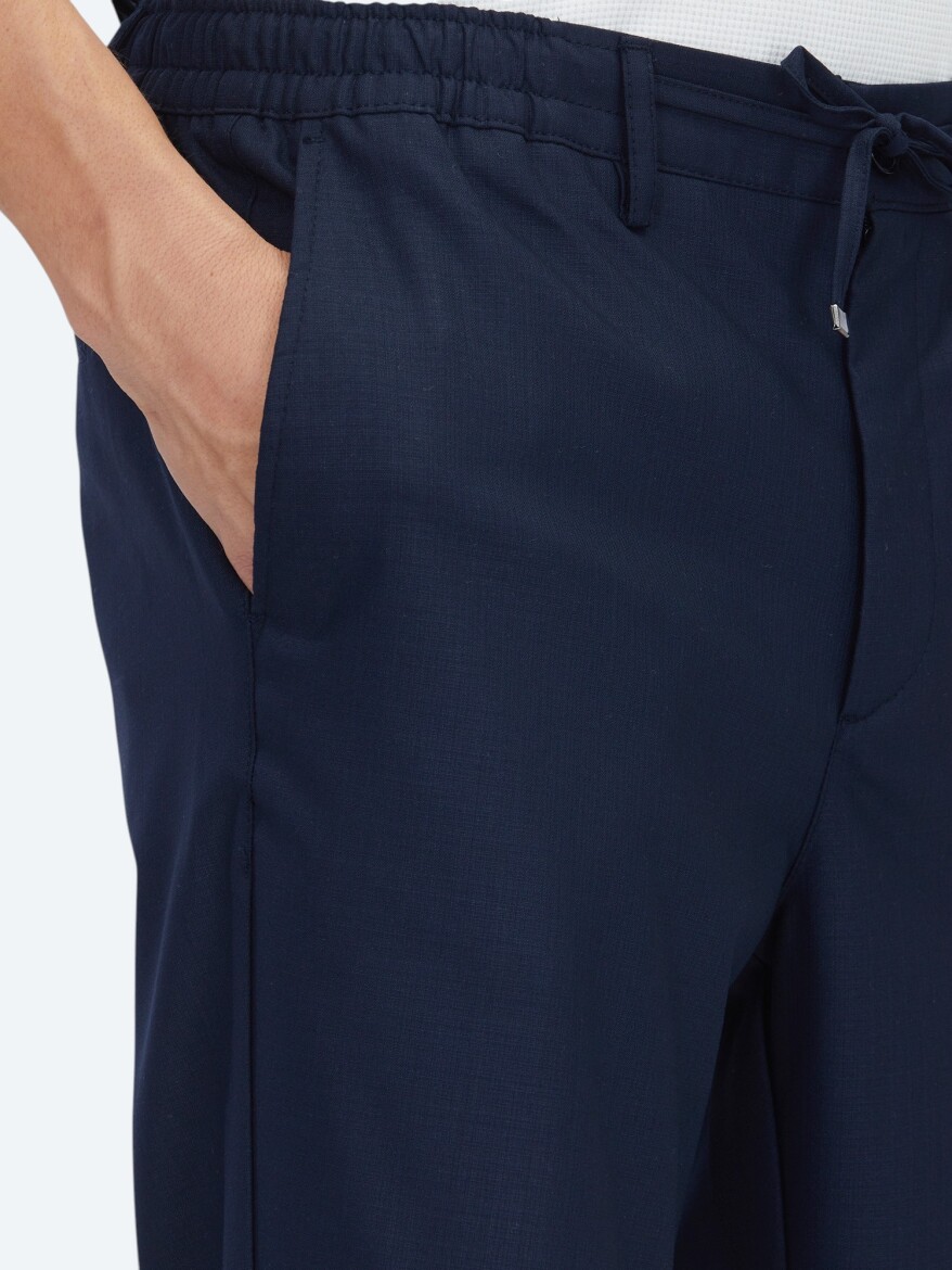 Navy Blue Weaving Jogging Fit Casual Trousers - 3