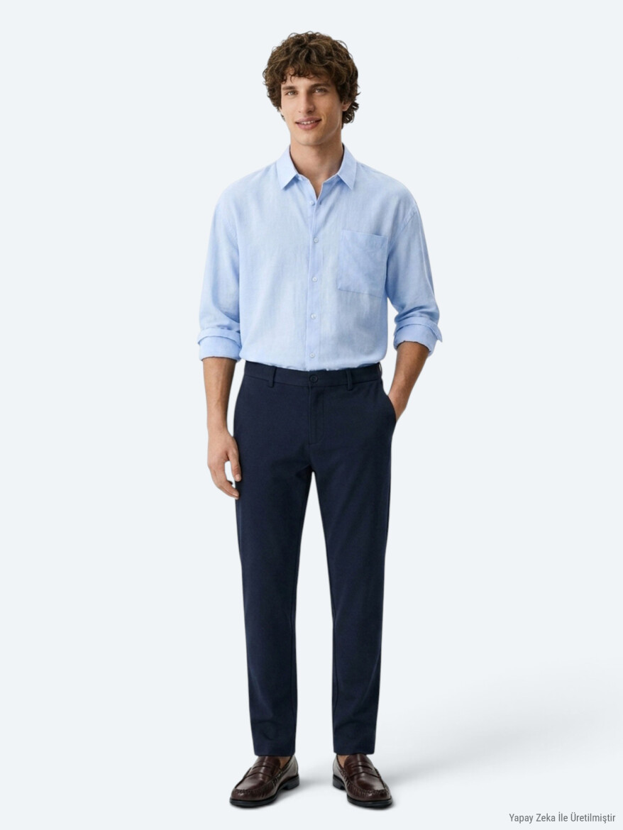 Navy Blue Weaving Jogging Fit Casual Trousers - 6