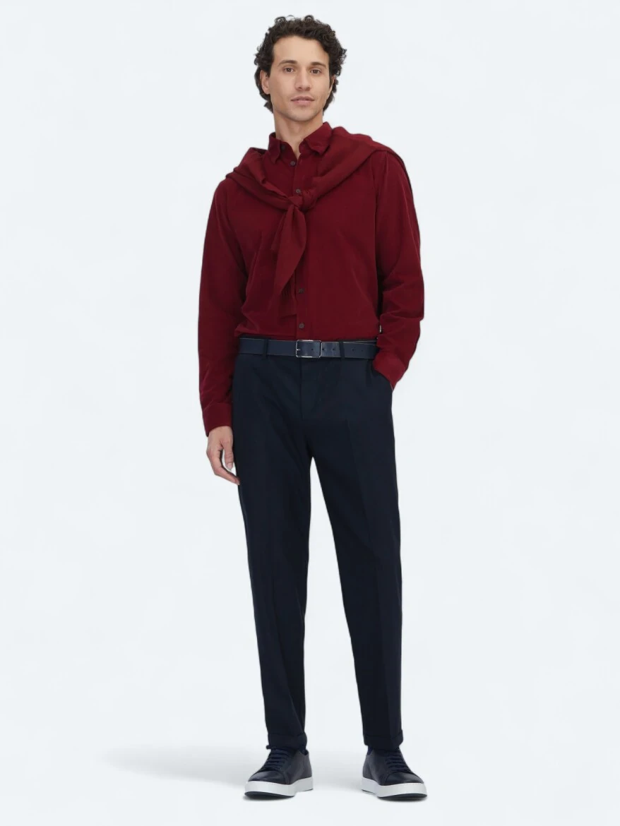 Navy Blue Weaving Jogging Fit Casual Wool Blended Trousers - KİP