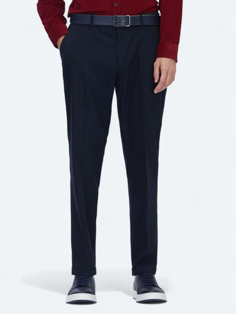 Navy Blue Weaving Jogging Fit Casual Wool Blended Trousers - 3