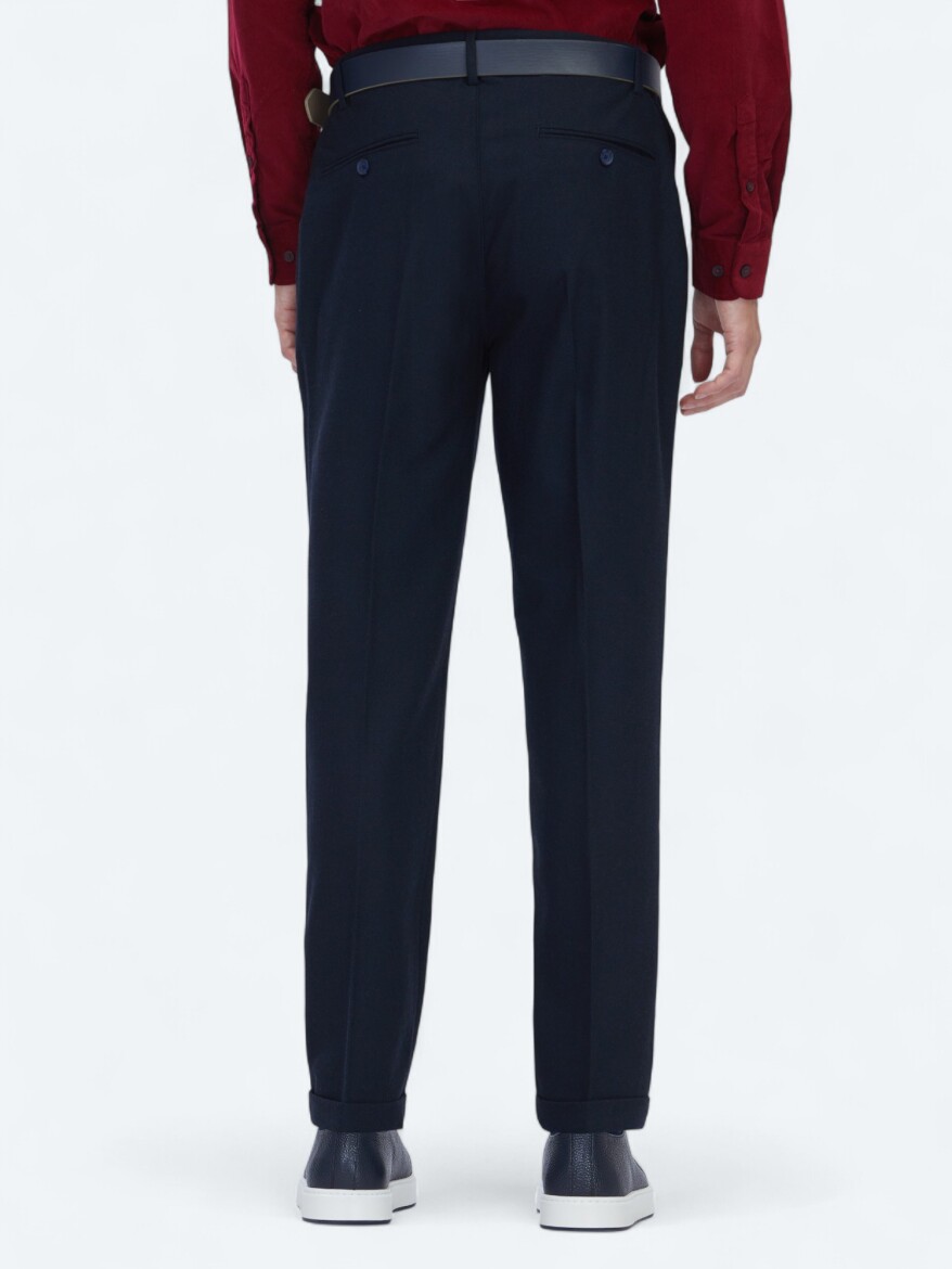 Navy Blue Weaving Jogging Fit Casual Wool Blended Trousers - 5