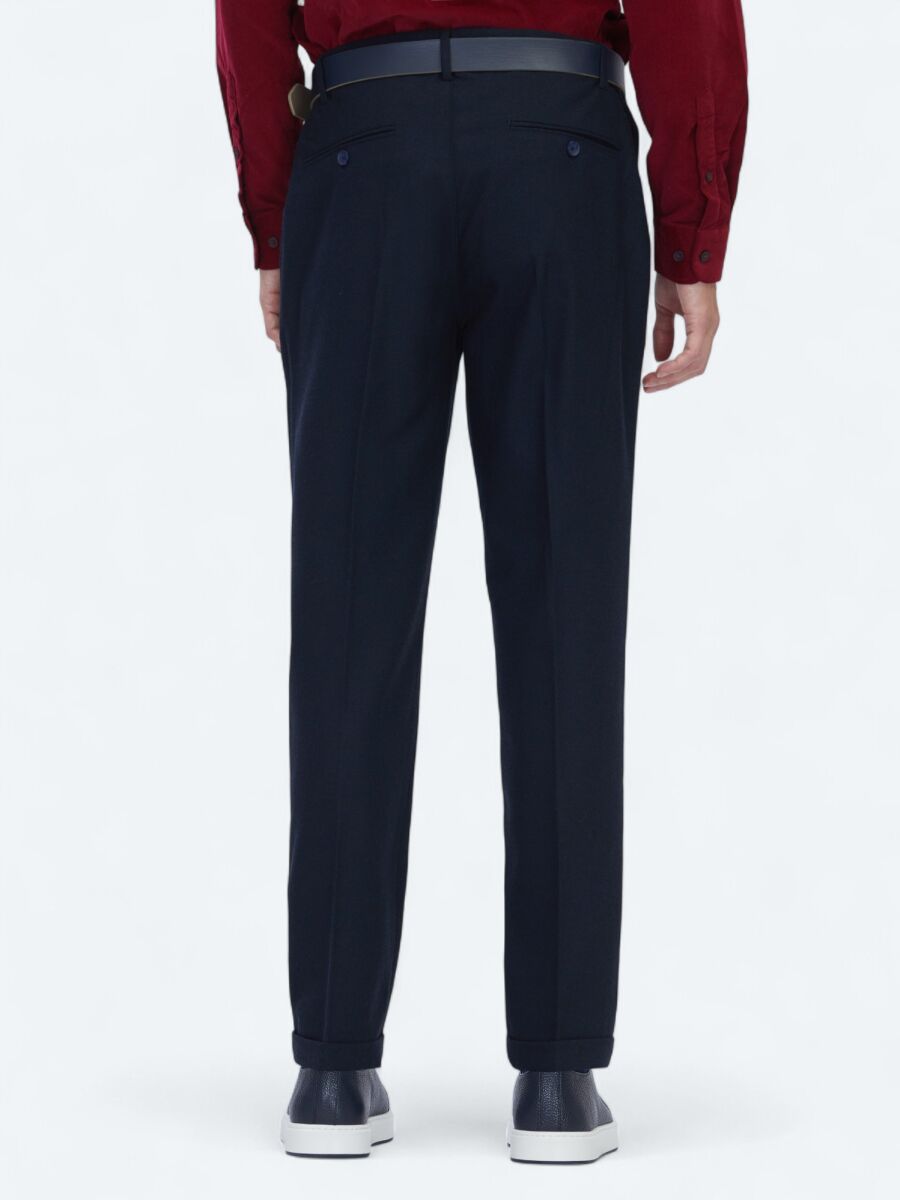 Navy Blue Weaving Jogging Fit Casual Wool Blended Trousers - 5