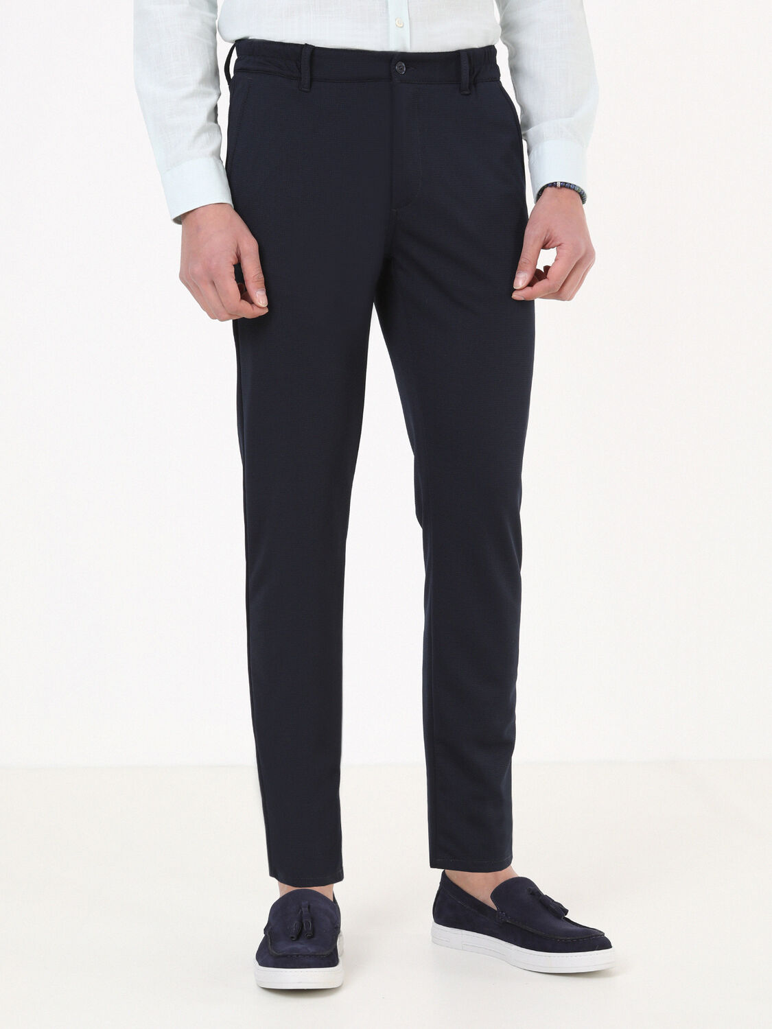 Navy Blue Weaving Jogging Fit Smart Casual Trousers - 2