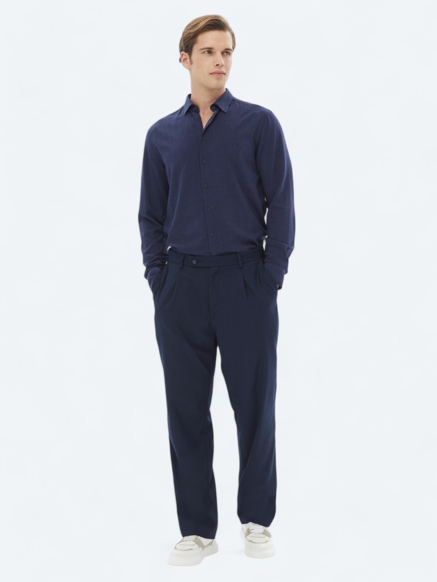 Navy Blue Weaving Loose Fit Casual Trousers - KİP
