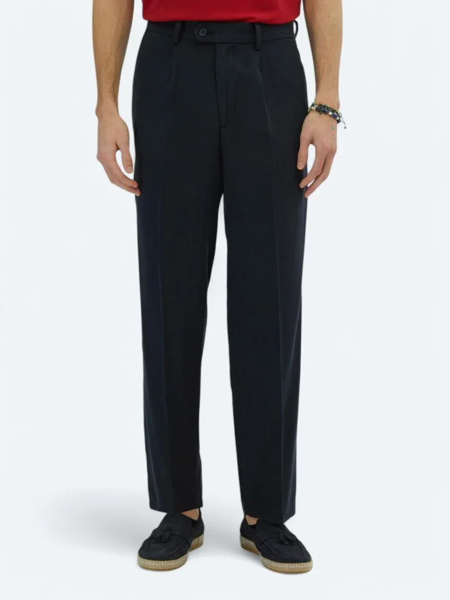 Navy Blue Weaving Loose Fit Casual Trousers - 2