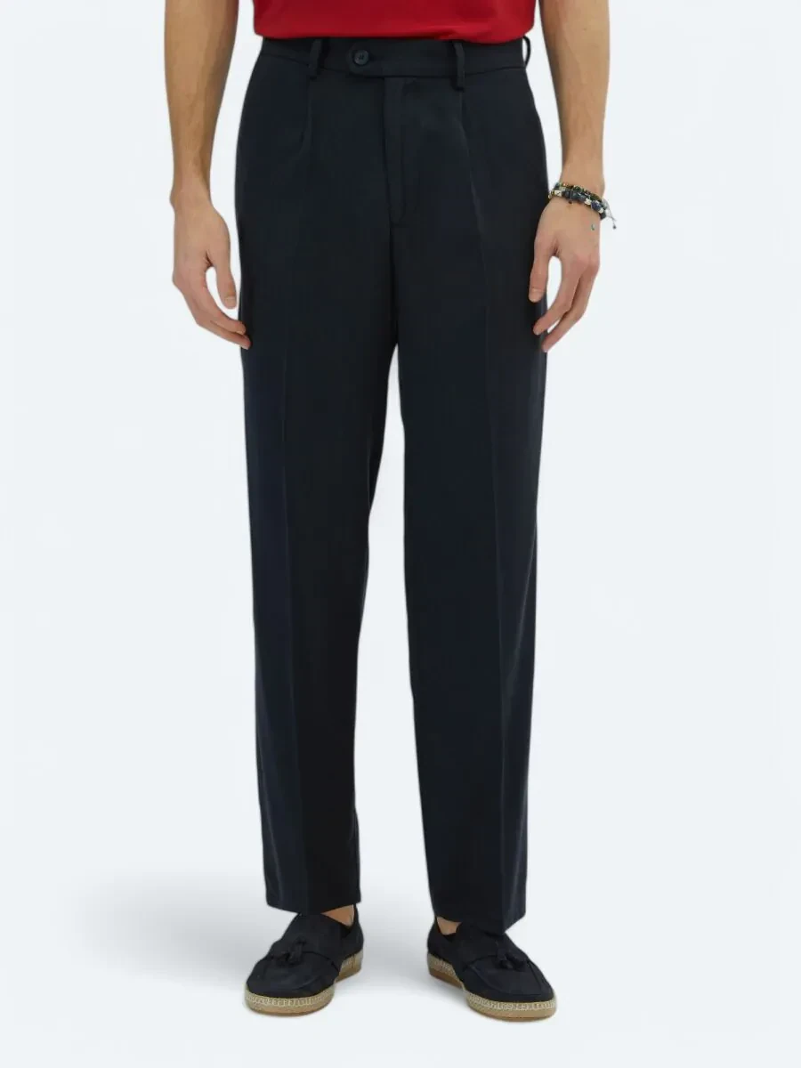 Navy Blue Weaving Loose Fit Casual Trousers - 2
