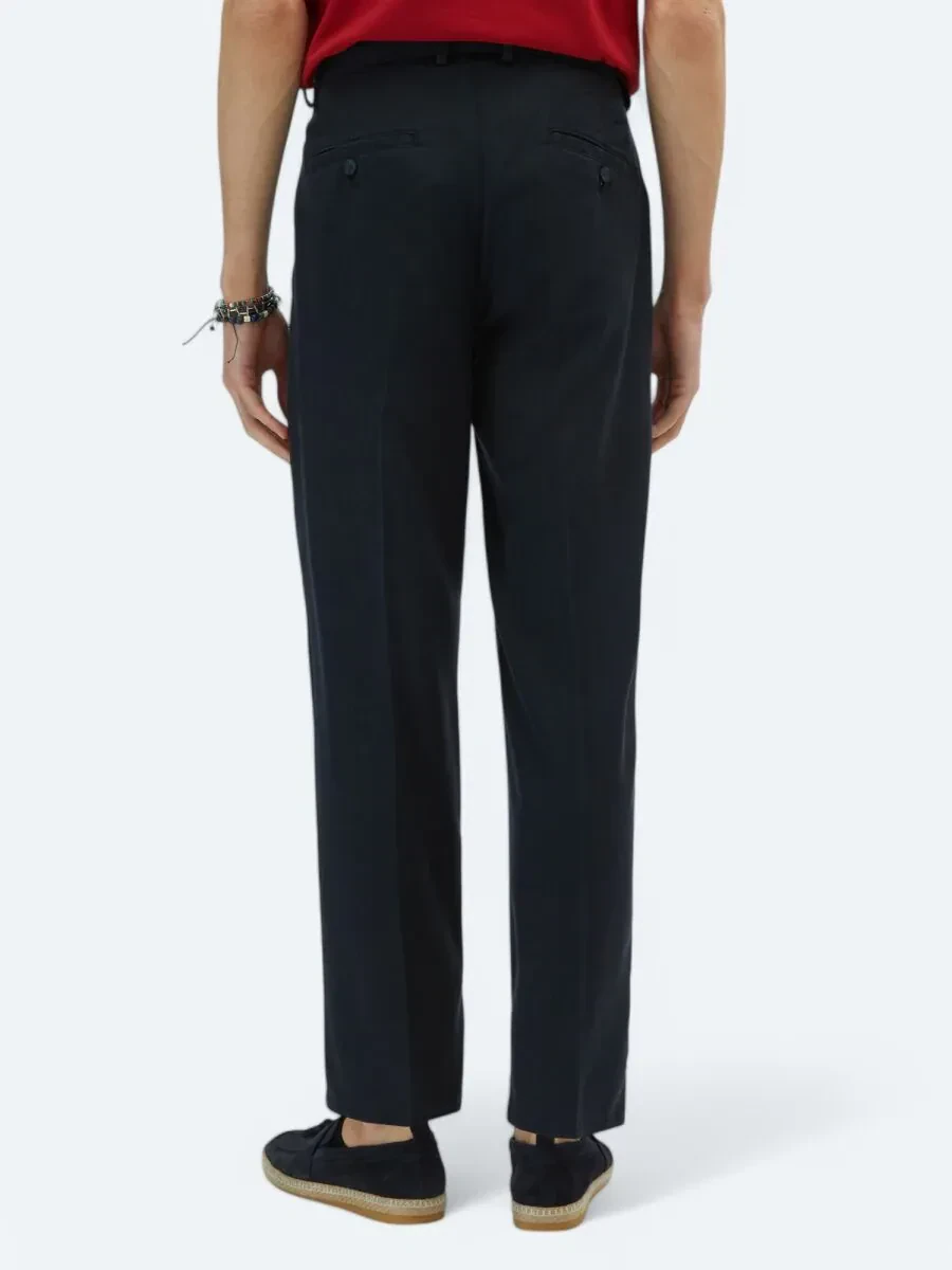 Navy Blue Weaving Loose Fit Casual Trousers - 4