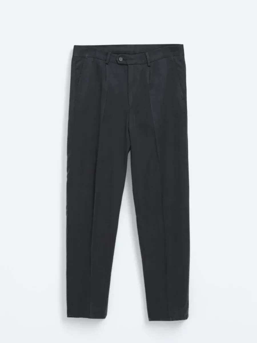 Navy Blue Weaving Loose Fit Casual Trousers - 5