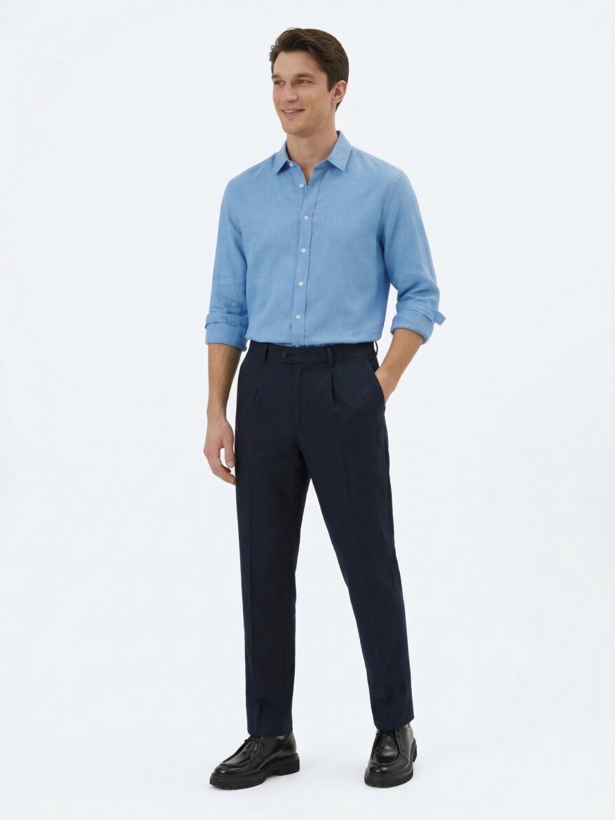 Navy Blue Weaving Loose Fit Casual Trousers 