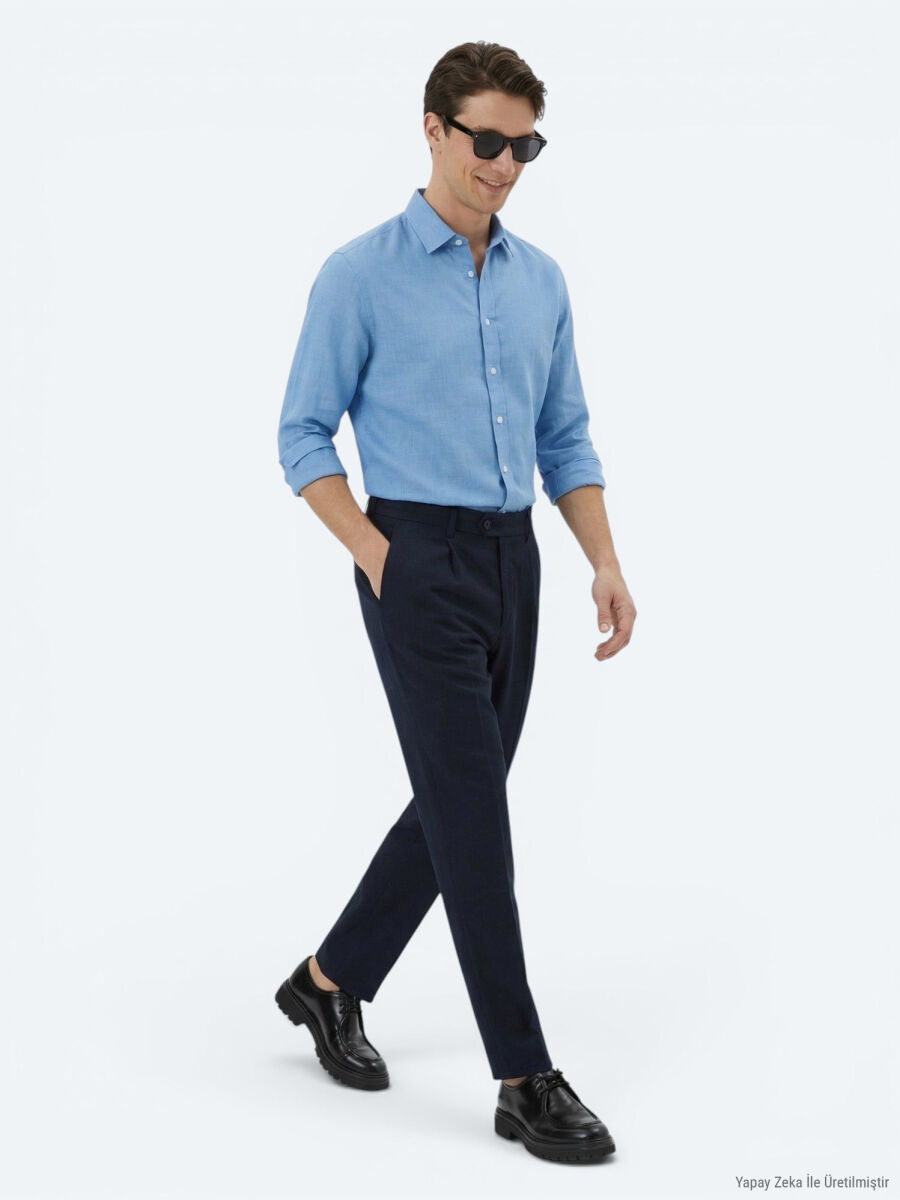 Navy Blue Weaving Loose Fit Casual Trousers - 4