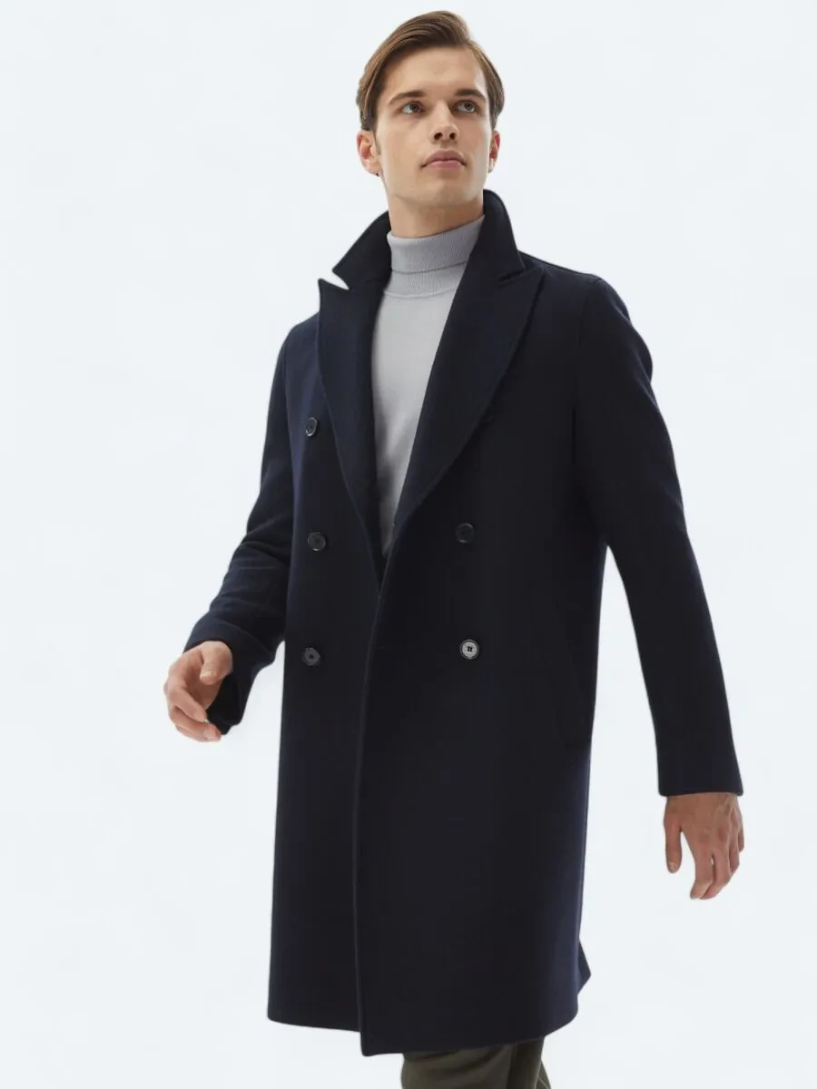 Navy Blue Weaving Overcoat - 1