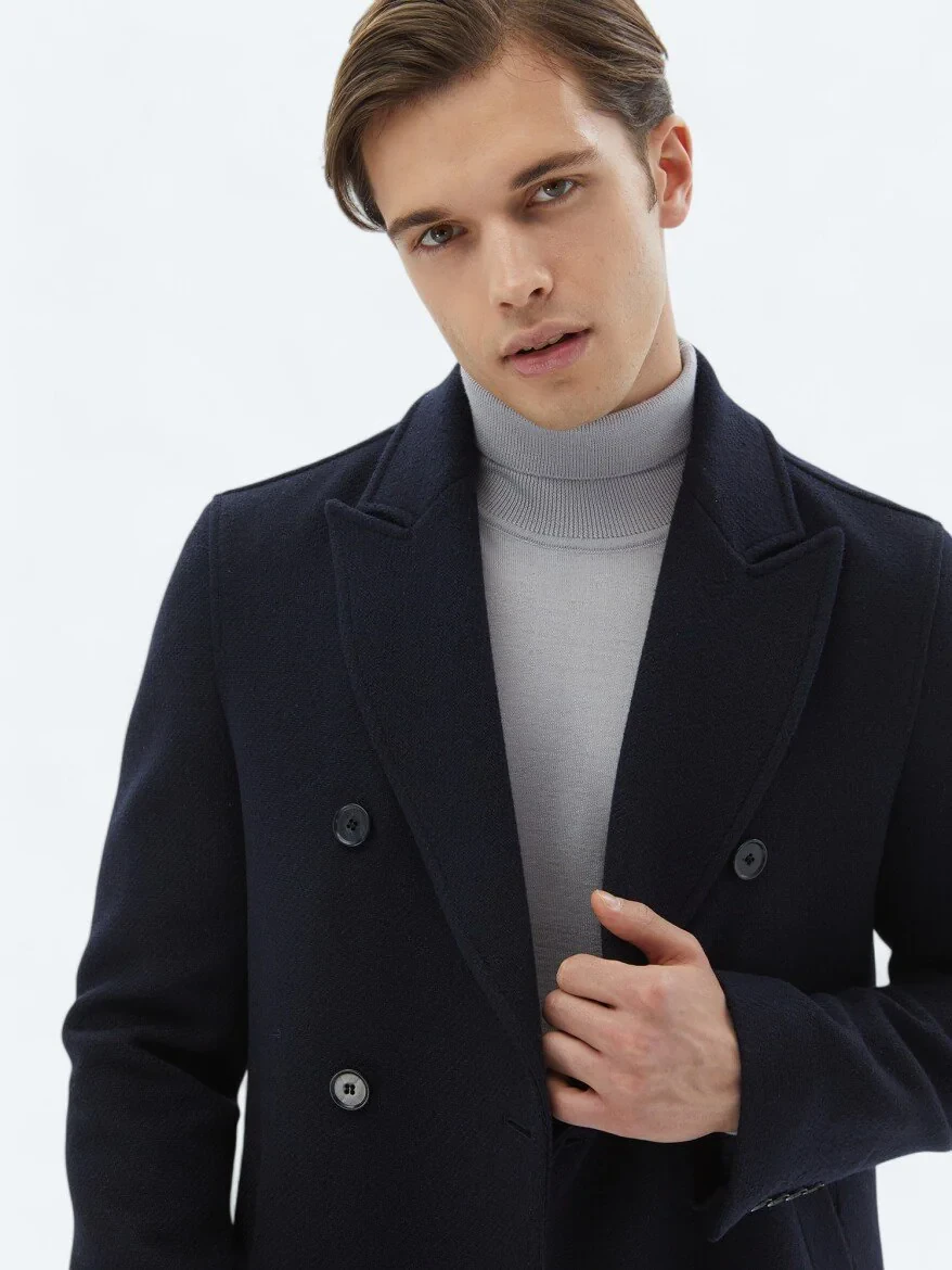 Navy Blue Weaving Overcoat - 5