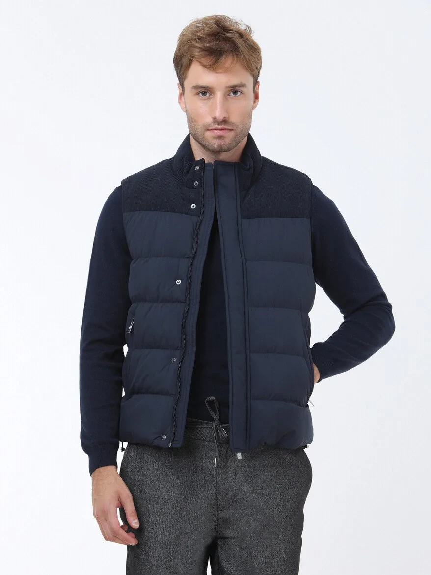 Navy Blue Weaving Puffer Vest - 1