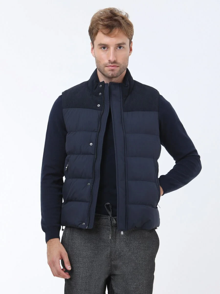 Navy Blue Weaving Puffer Vest - 1