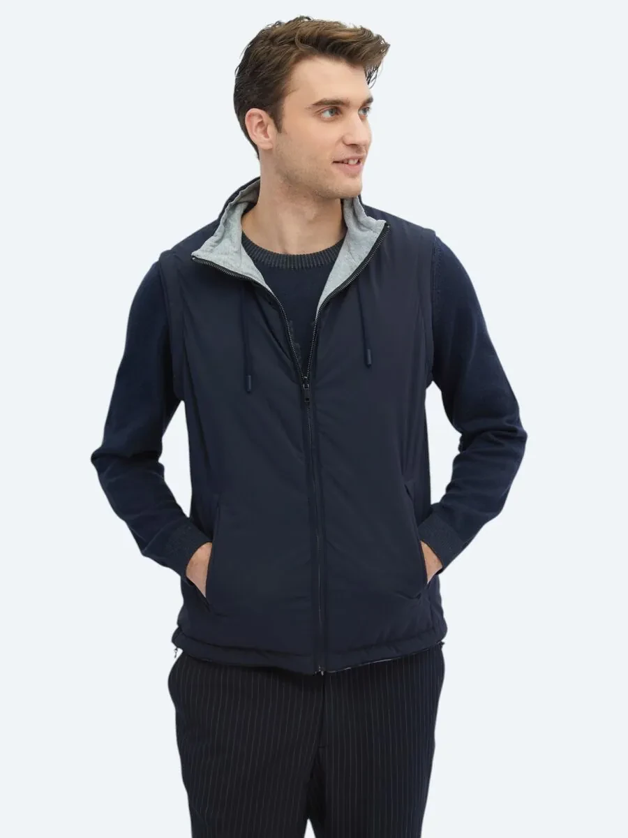 Navy Blue Weaving Puffer Vest - 1