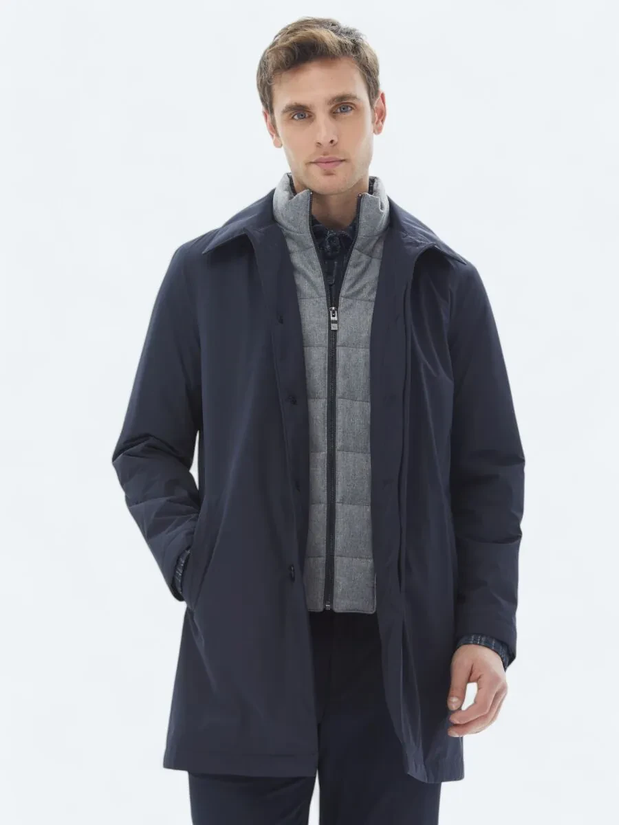 Navy Blue Weaving Rain Coat - 1
