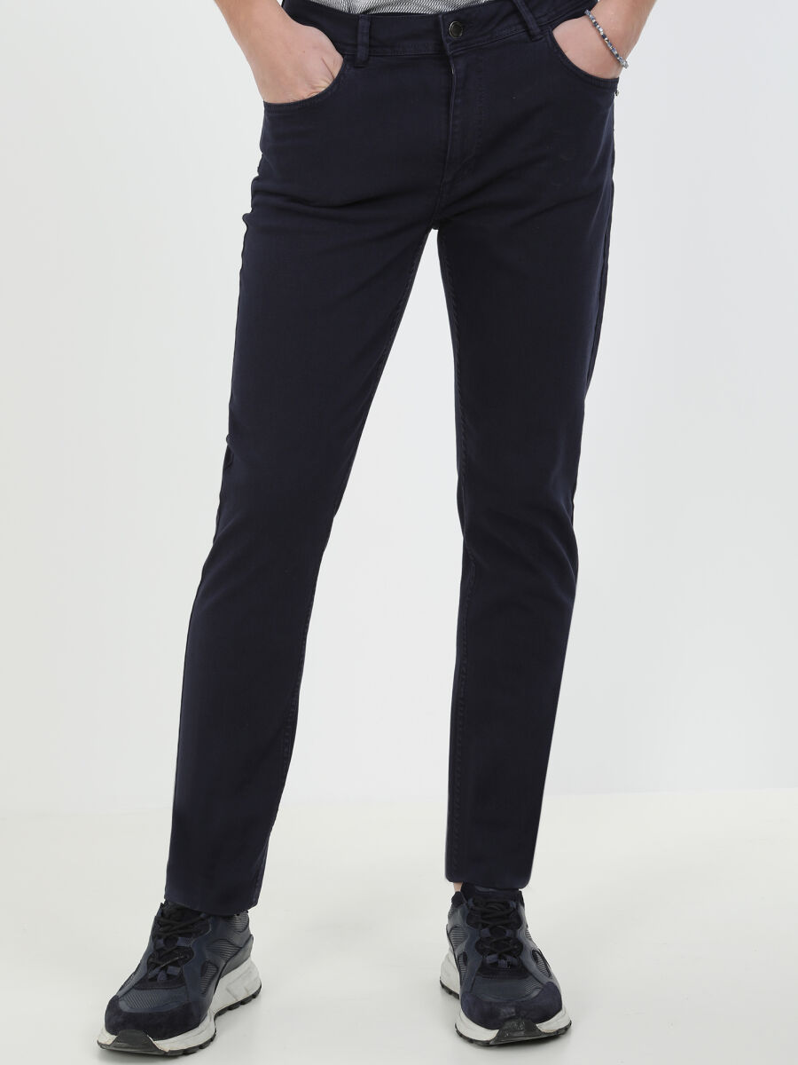 Navy Blue Weaving Regular Fit Casual Cotton Blended Trousers - 1