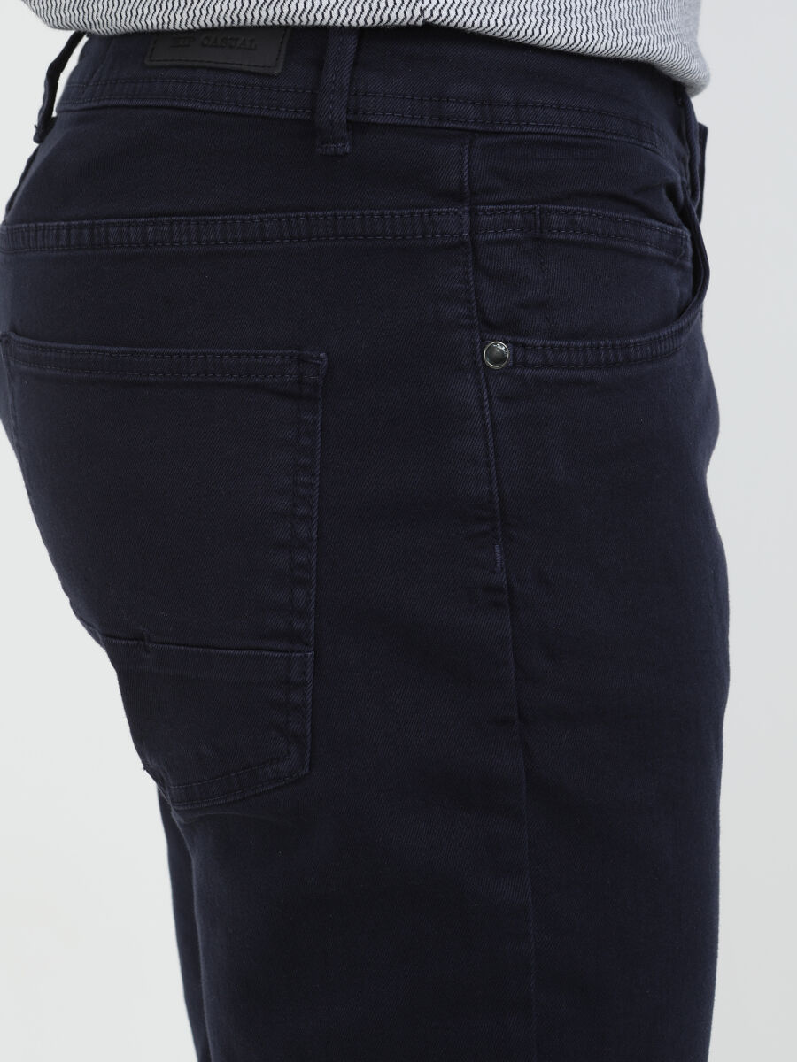 Navy Blue Weaving Regular Fit Casual Cotton Blended Trousers - 3