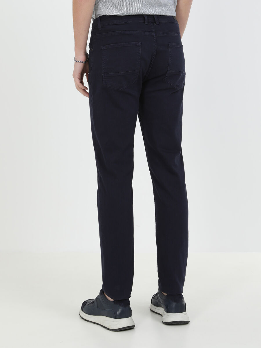 Navy Blue Weaving Regular Fit Casual Cotton Blended Trousers - 4