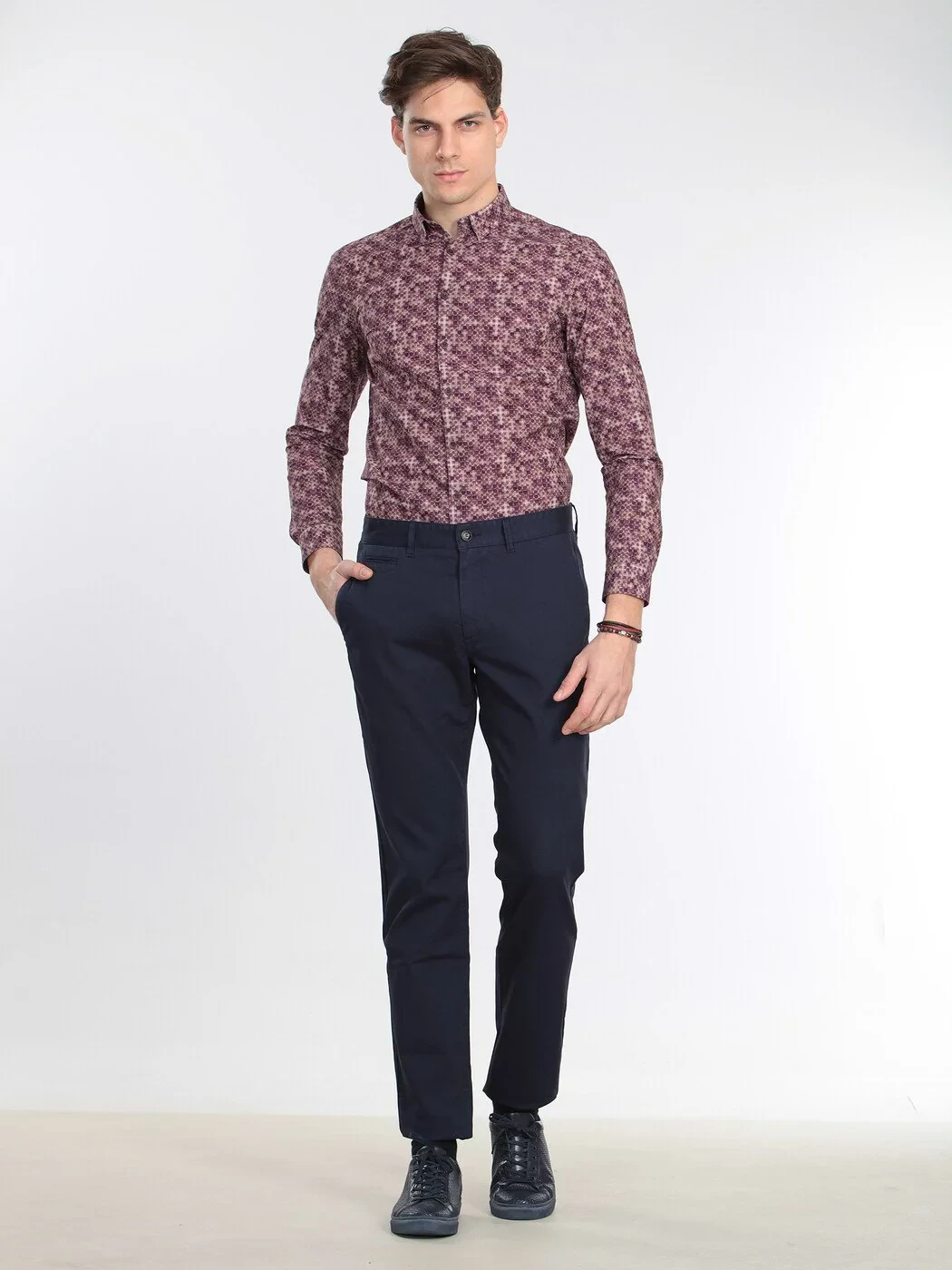 Navy Blue Weaving Regular Fit Casual Cotton Blended Trousers - 1