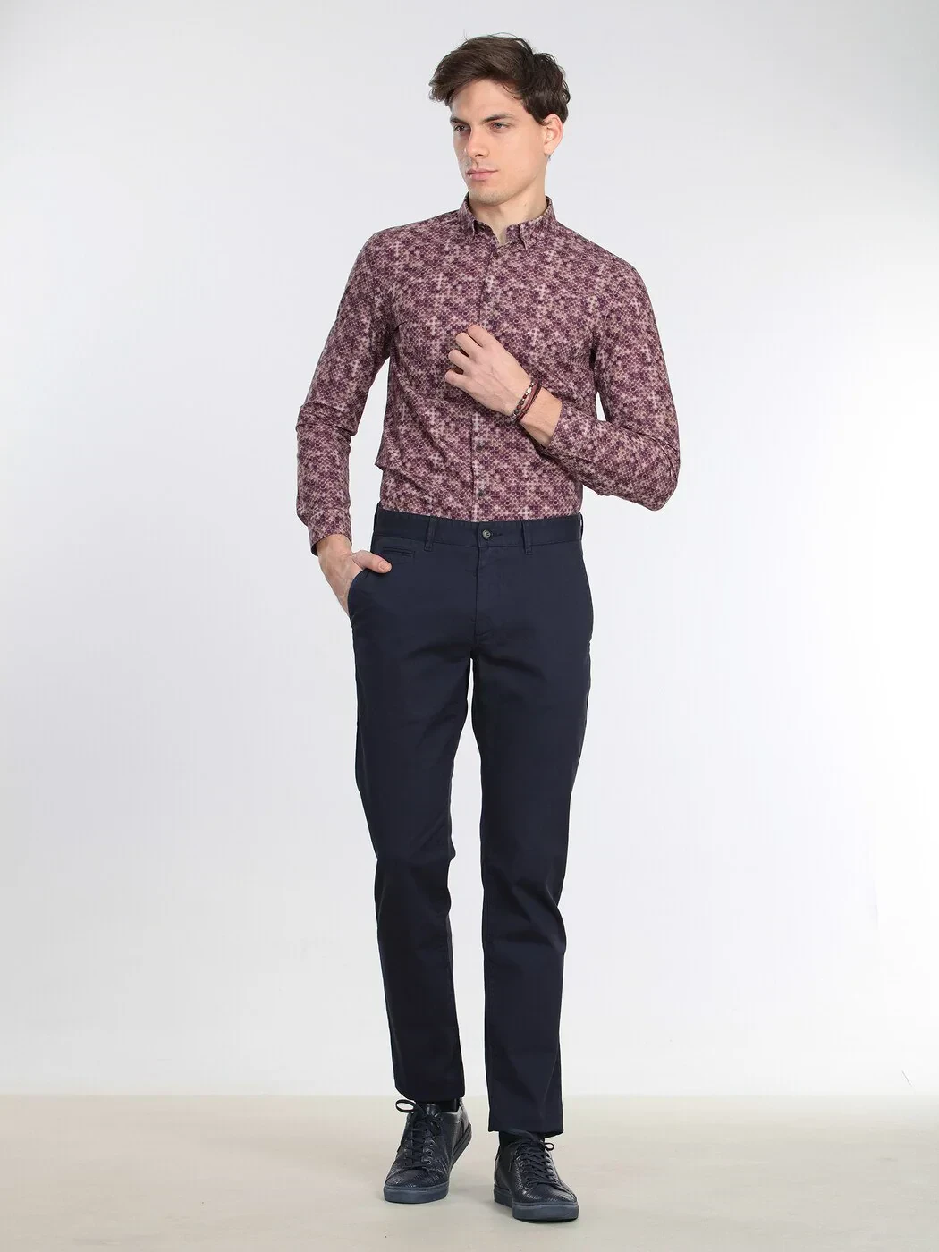 Navy Blue Weaving Regular Fit Casual Cotton Blended Trousers - 2